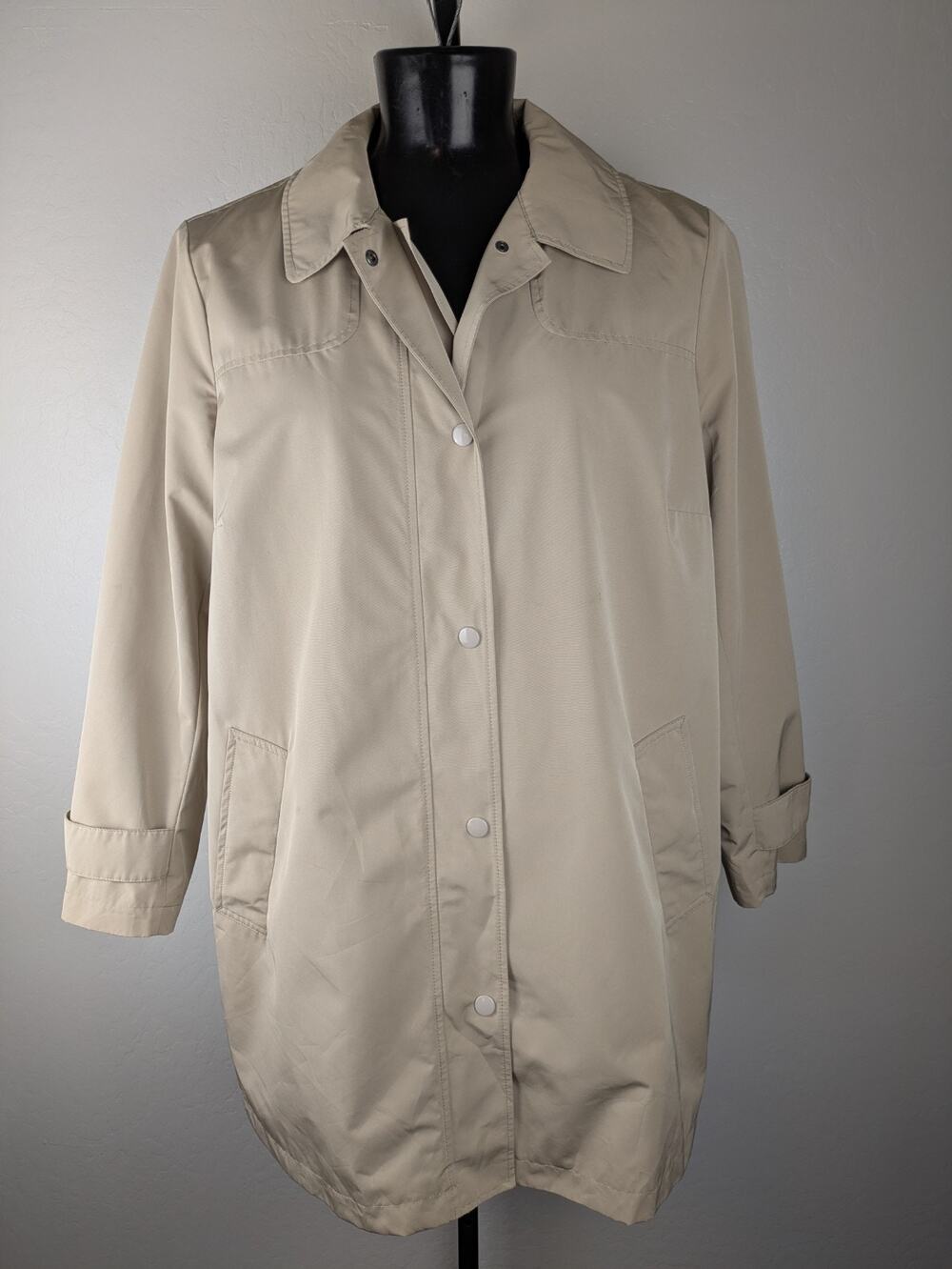 Lands' End tan beige button front trench coat jacket no hood
